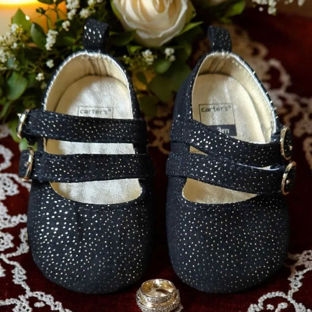 Carter's Glitter Mary Jane Crib Shoes Baby Girl 0-3M Newborn Black Formal Dressy